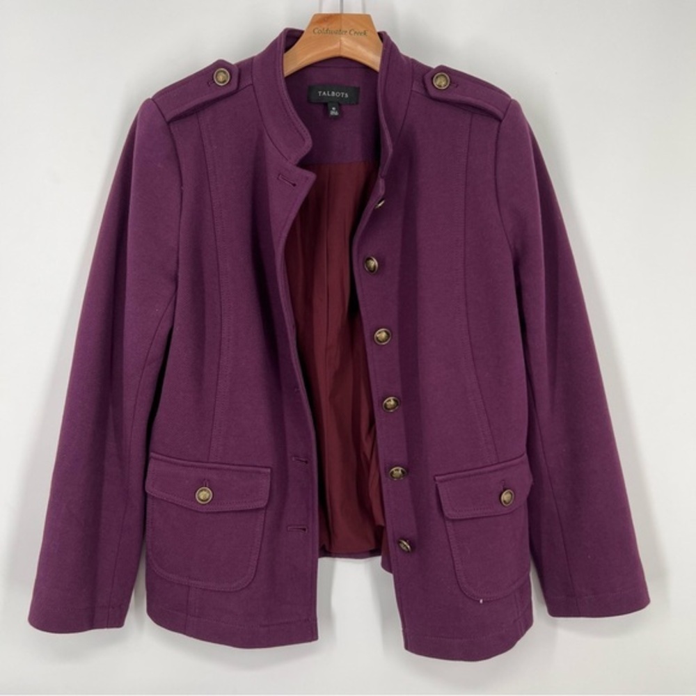 Talbots Purple Gold Button Front Knit Band Jacket